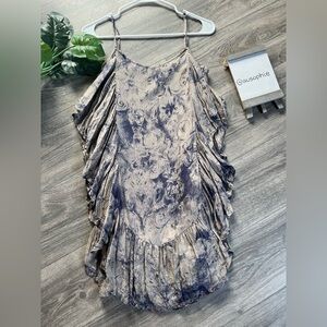 Guess Ruffle Dress in Tan w/ Navy Print Sundress